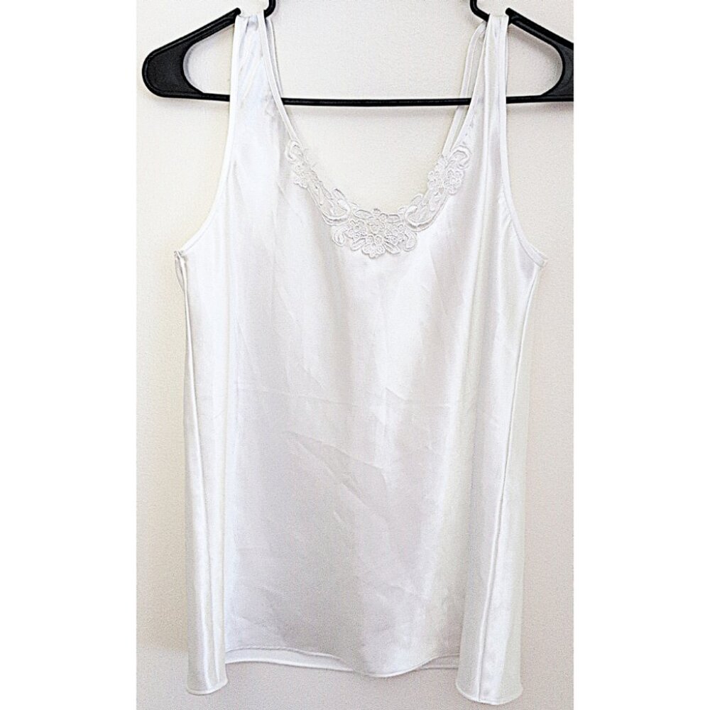 White Satin Tank Top Lace Applique Shirt Coquette Camisole Vintage SIZE SMALL